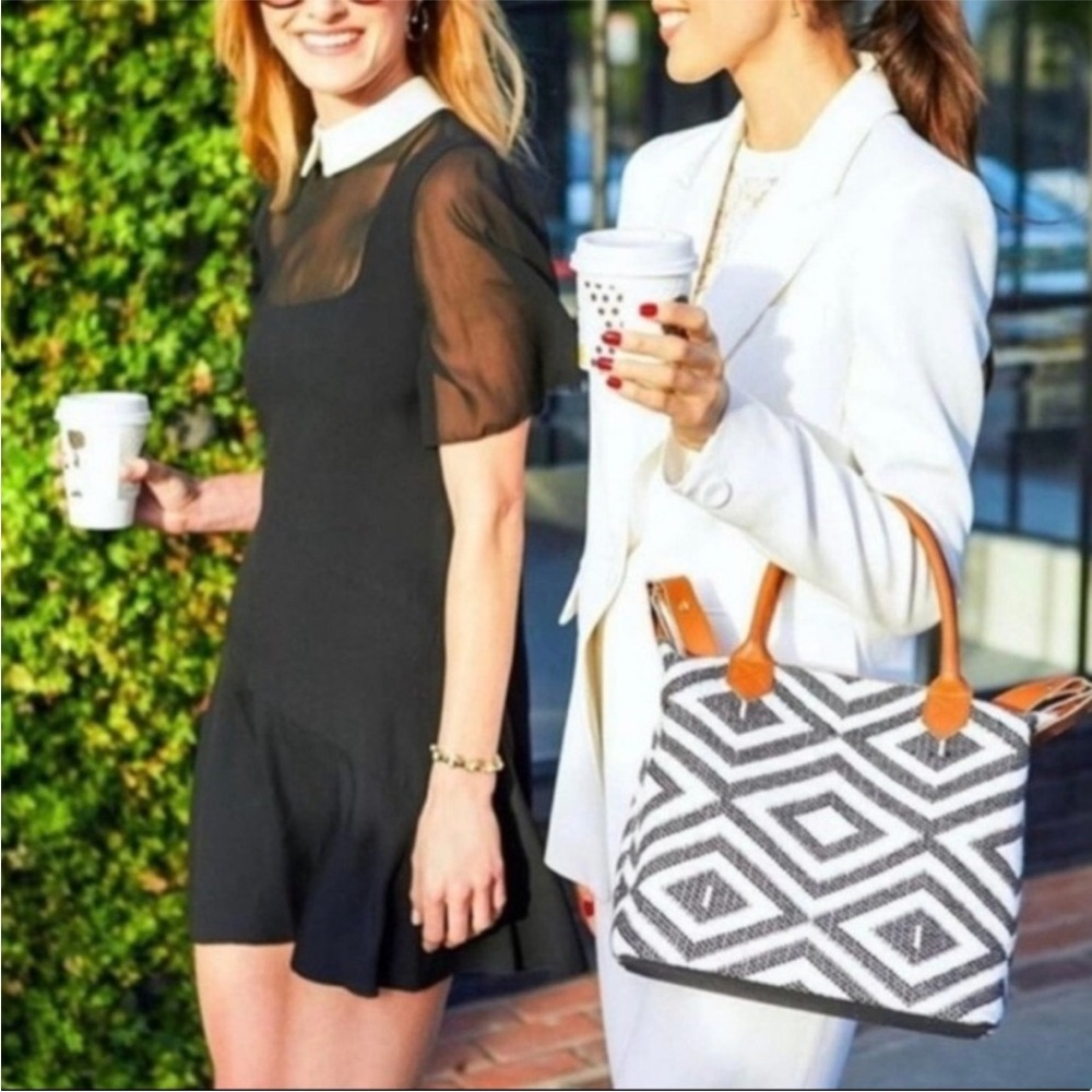 Rachel Zoe × Tribe Alive Geometric Woven Tote Bag Black White Tan Leather Straps - Picture 9 of 16